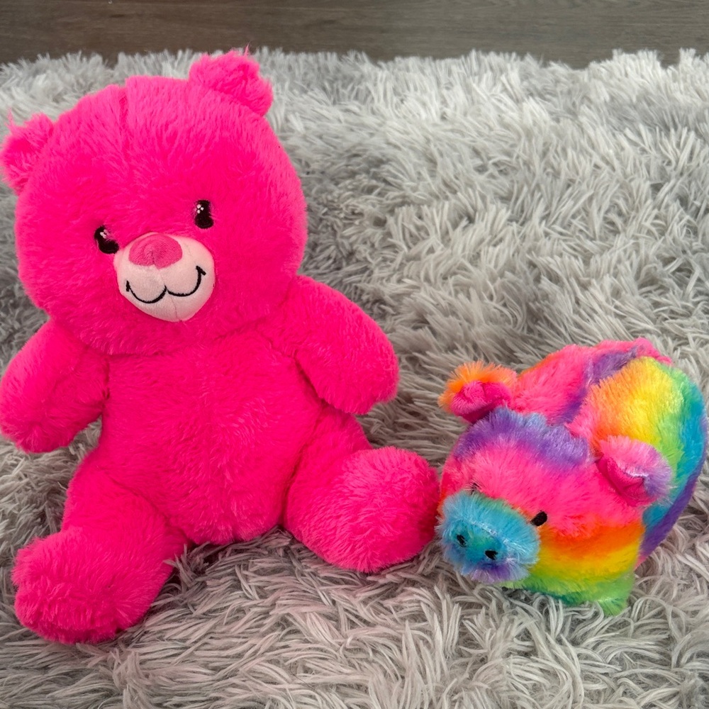 Plush Pink Teddy Bear and Bright Colourful Pig- Bright Pink Kids Stuff Animlas